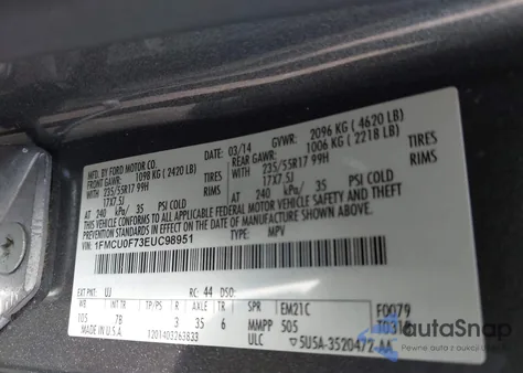 2014 Ford Escape S z USA, uszkodzony, nr VIN 1FMCU0F73EUC98951